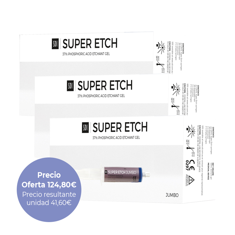 Oferta especial: 3 Ácido super etch jumbo SDI - 8100059 SDI - Contiene: 3 x (Envase 2x25ml, 2 x jeringas 3ml vacías, 1 adaptador, 50 aplicadores