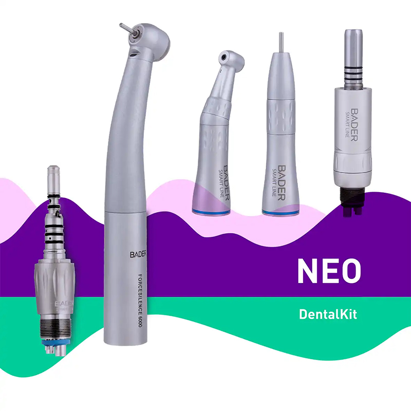 Kit Estudiante NEO turbina con luz autogenerada, CA y PM sin luz Bader Dental - Garantía hasta fin de estudios y revisión gratuita cada fin de curso.