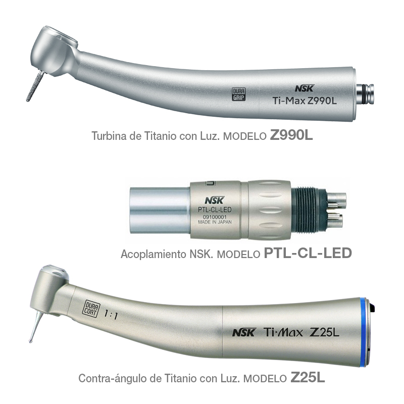 Kit Premium con luz NSK - Compuesto por: Turbina Z990L + acople PTL-CL-LED + Contra-ángulo Z25L  NSK - 