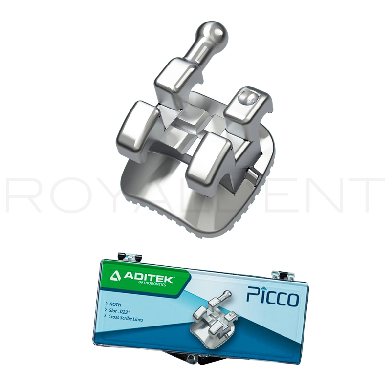 1 caso Brackets Mini Vector+ Picco Metálico Roth 0.22  Aditek - 1 caso 20 brackets 3.4.5 con gancho