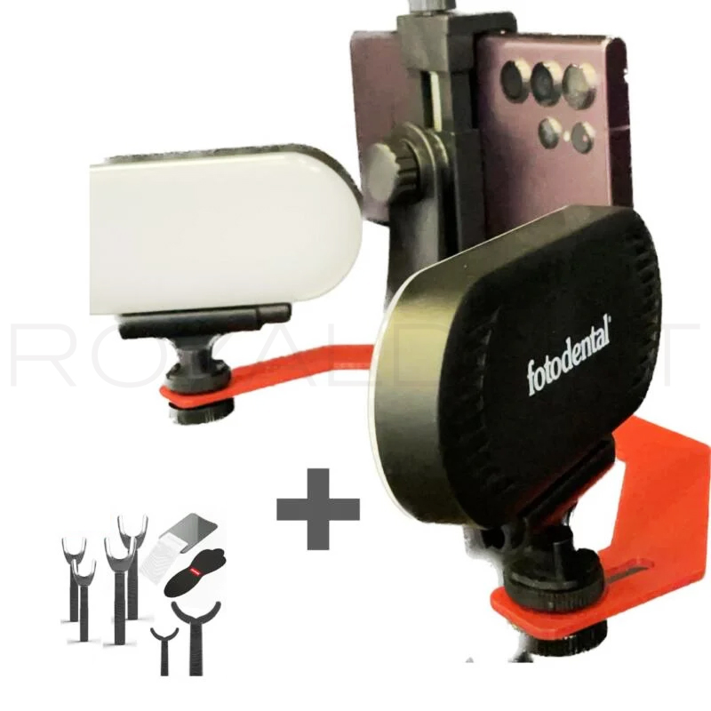 KIT retractor de Iluminación RESOLUT 2   para fotografía dental Fotodental - Iluminador Resolut 2 con complementos, 4 retractores horizontales, 2 retractores verticales, espejo de rodio y contrastador opaco.