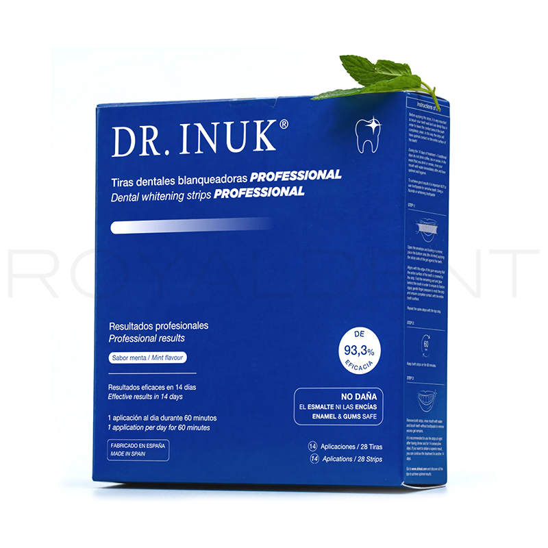 Dr.Inuk tiras dental blanqueadoras Professional con peróxido de hidrógeno al 6% DR.INUK  - 28 Tiras  93.3% Eficacia.Están formuladas con un 6% de peróxido de hidrógeno. (equivalente al 18% de peróxido de carbamida). 