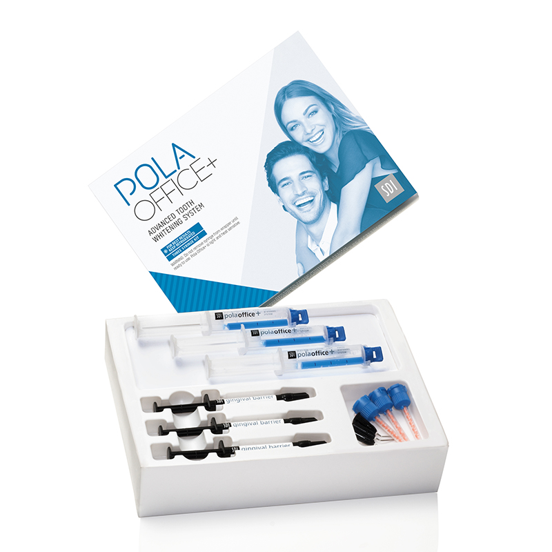 Blanqueamientos Pola Office+ Kit 3 pacientes sin abrebocas, peróxido de hidrógeno al 37,5% SDI - 3 jeringas de 2,8 ml de Pola Office Plus + 3 jeringas de 1 g de barrera gingival + Accesorios